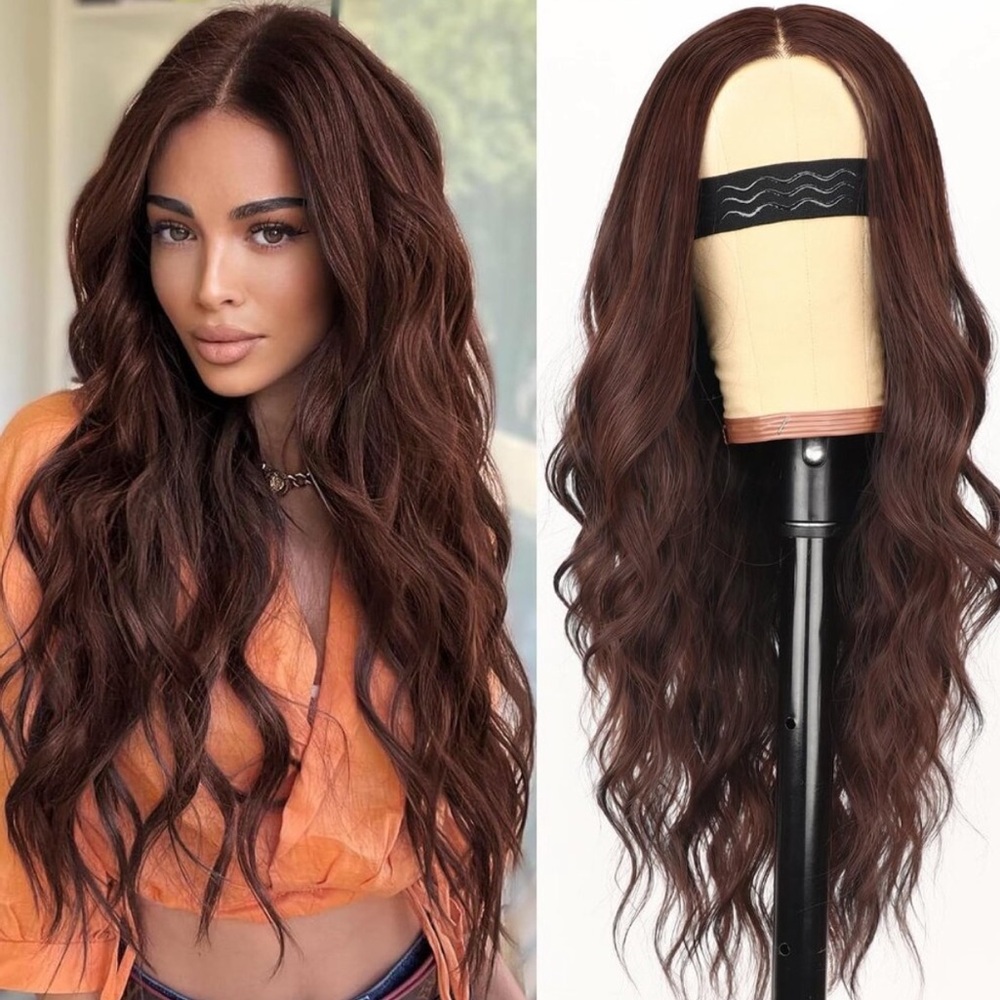 26” Reddish Brown Wig for Women, Long Wavy Lace Hairline Middle Part WIG NEW
